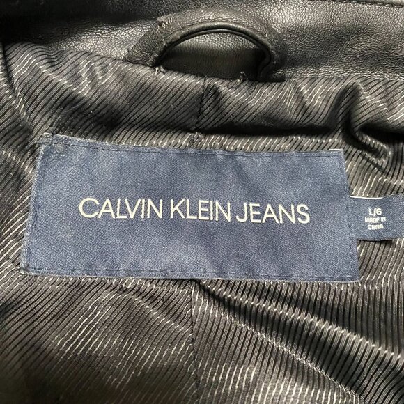 Calvin Klein Jeans Women's Black Faux Leather Jacket Large Moto Style Zip Pocket - Picture 14 of 14